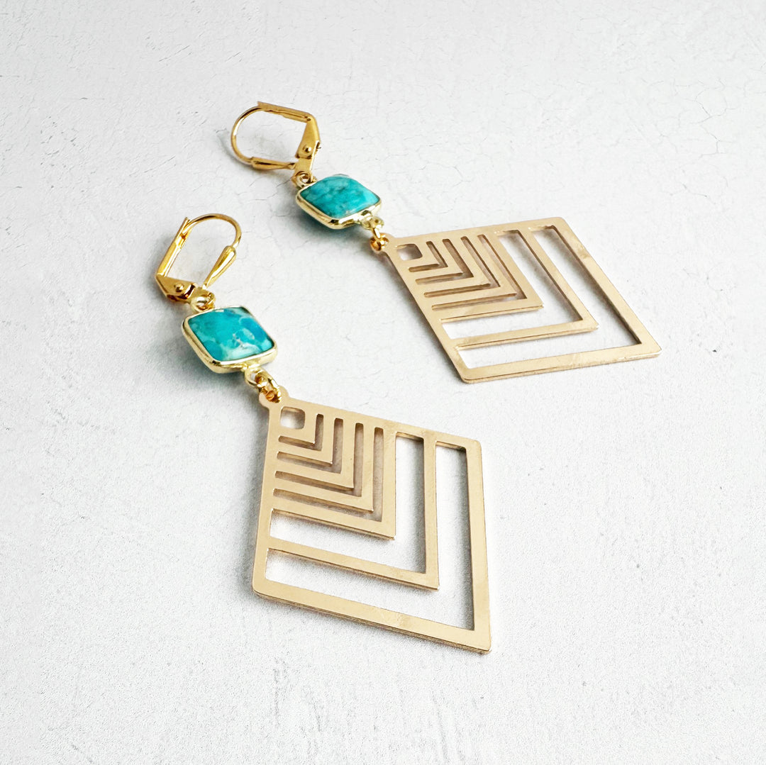 Turquoise Diamond Dangle Earrings in Brass Gold