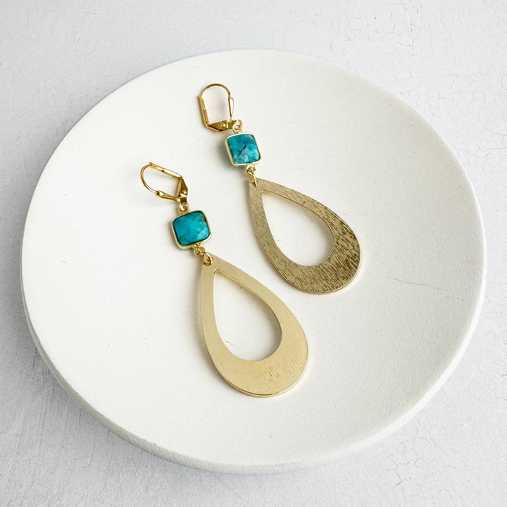 Turquoise Teardrop Statement Earrings in Brushed Gold