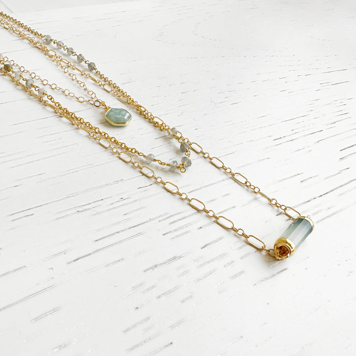 Multi Strand Aqua Chalcedony and Labradorite Necklace Set in Gold