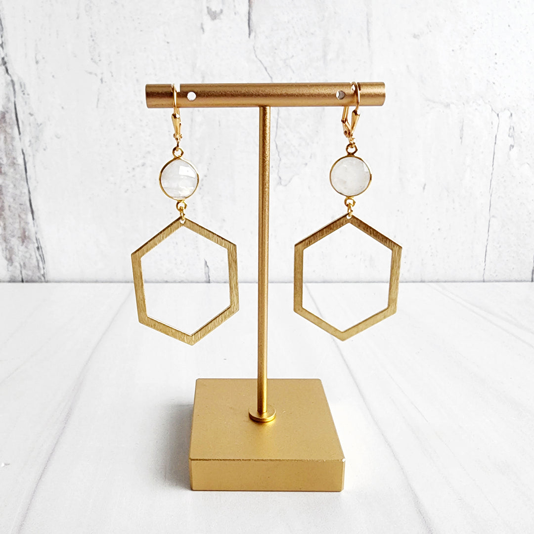 Moonstone Hexagon Statement Earrings in Brushed Gold