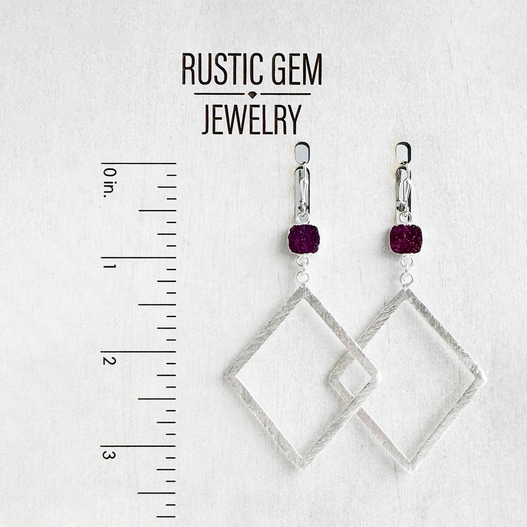 Fuchsia Druzy Diamond Pendant Earrings in Brushed Silver