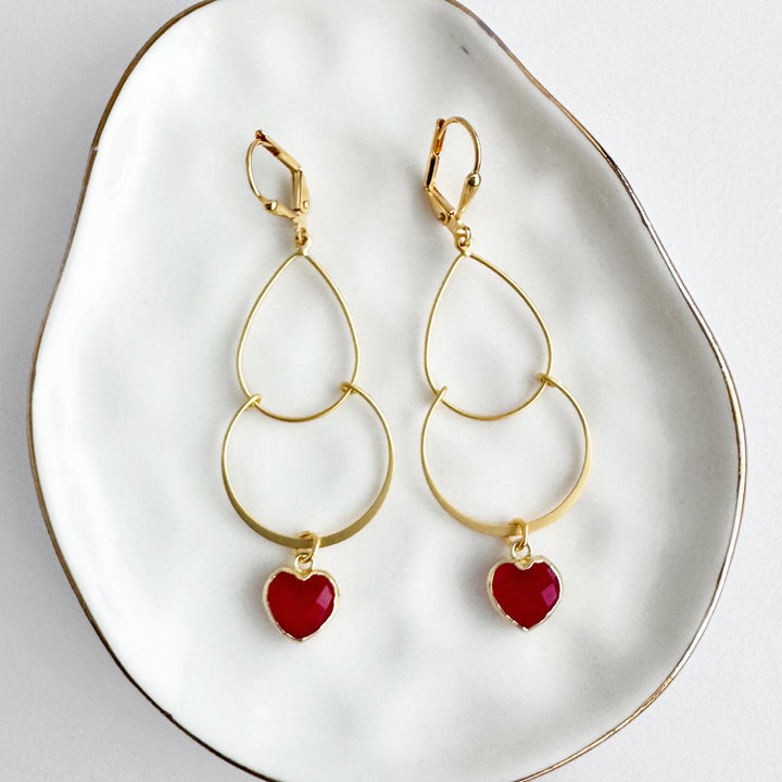 Fuchsia Chalcedony Heart Double Drop Earrings in Brushed Gold