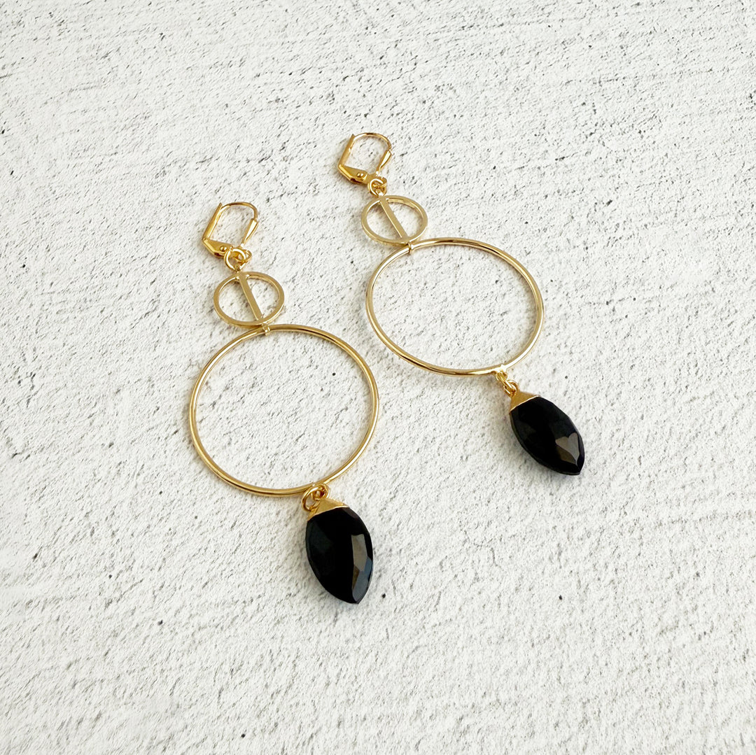 Black Stone Geometric Hoop Dangle Earrings in Gold