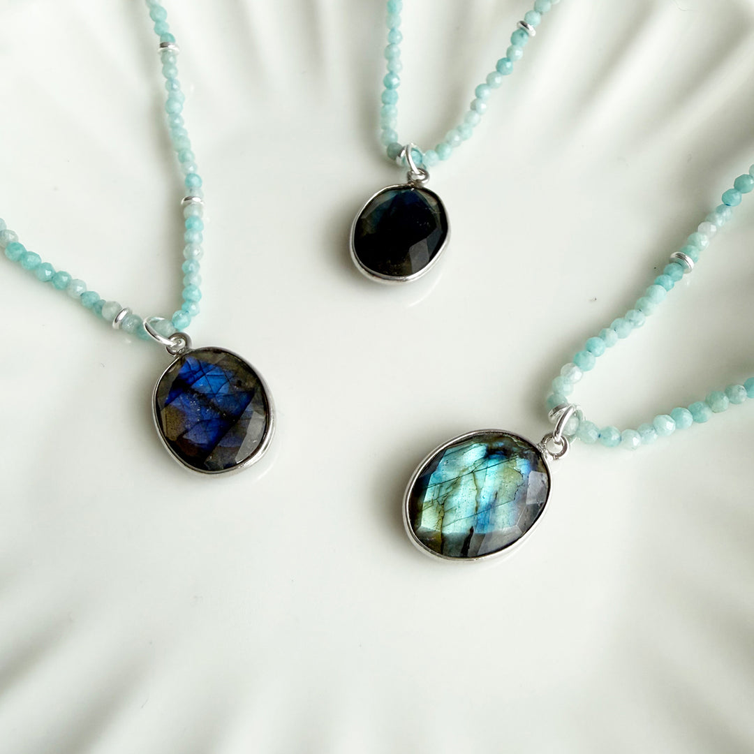 Labradorite Pendant and Amazonite Beaded Necklace in Silver