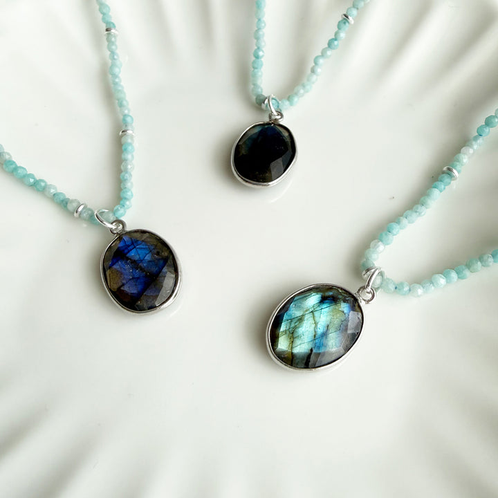Labradorite Pendant and Amazonite Beaded Necklace in Silver