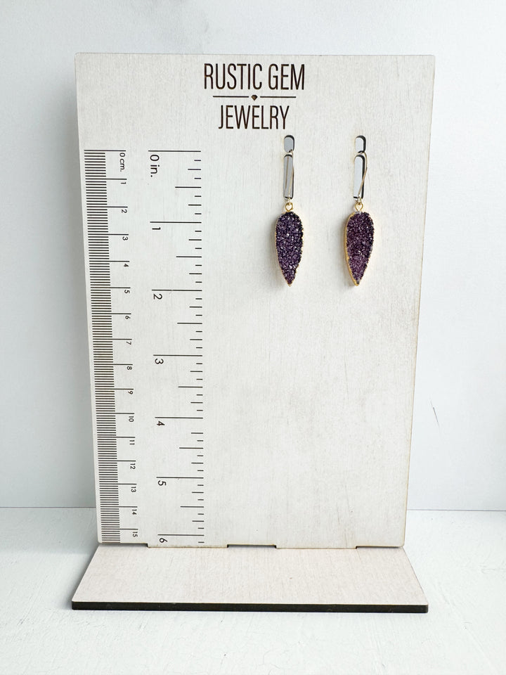 Purple Druzy Teardrop Earrings in Gold & Silver