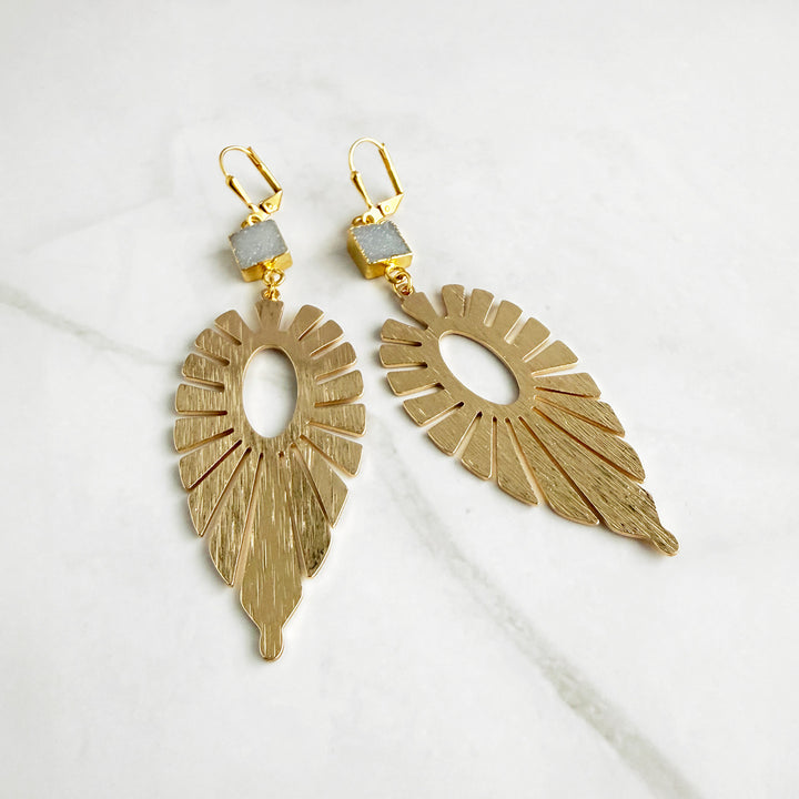 Gray Druzy Sunburst Statement Earrings in Brushed Gold