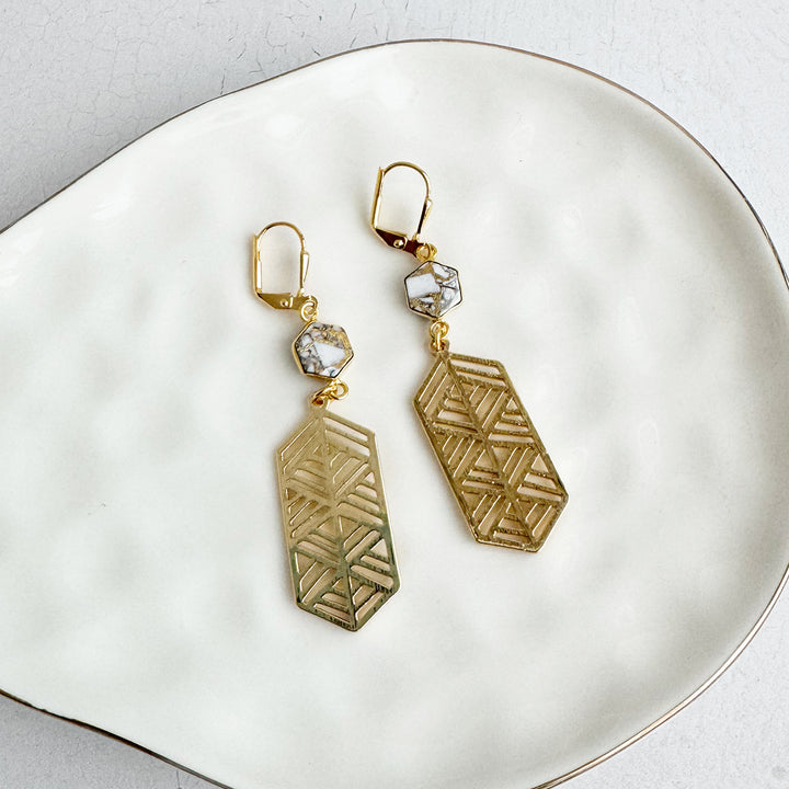 Elongated Hexagon and White Mojave Earrings in Brushed Gold and Silver