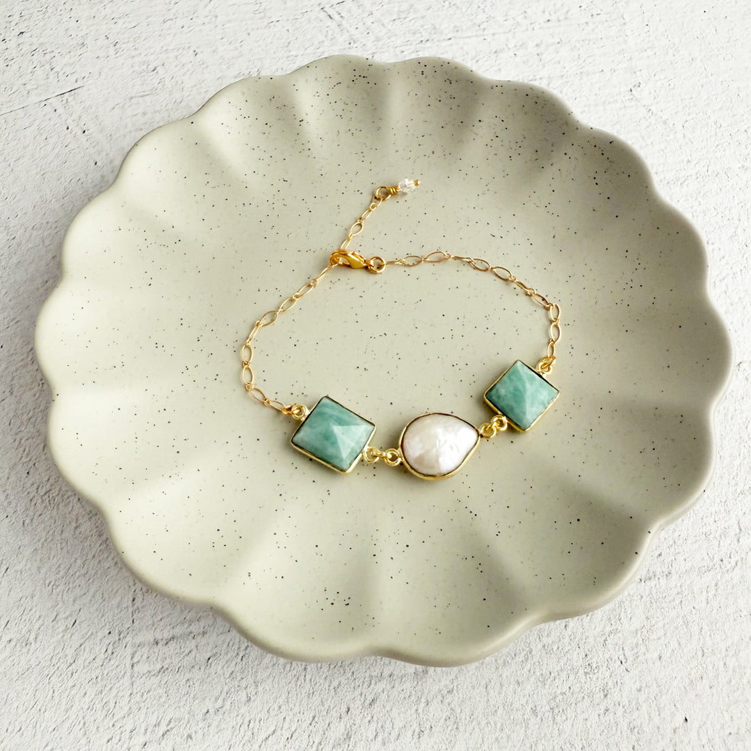 Triple Jewel Bracelet in Gold with Amazonite and Mother of Pearl