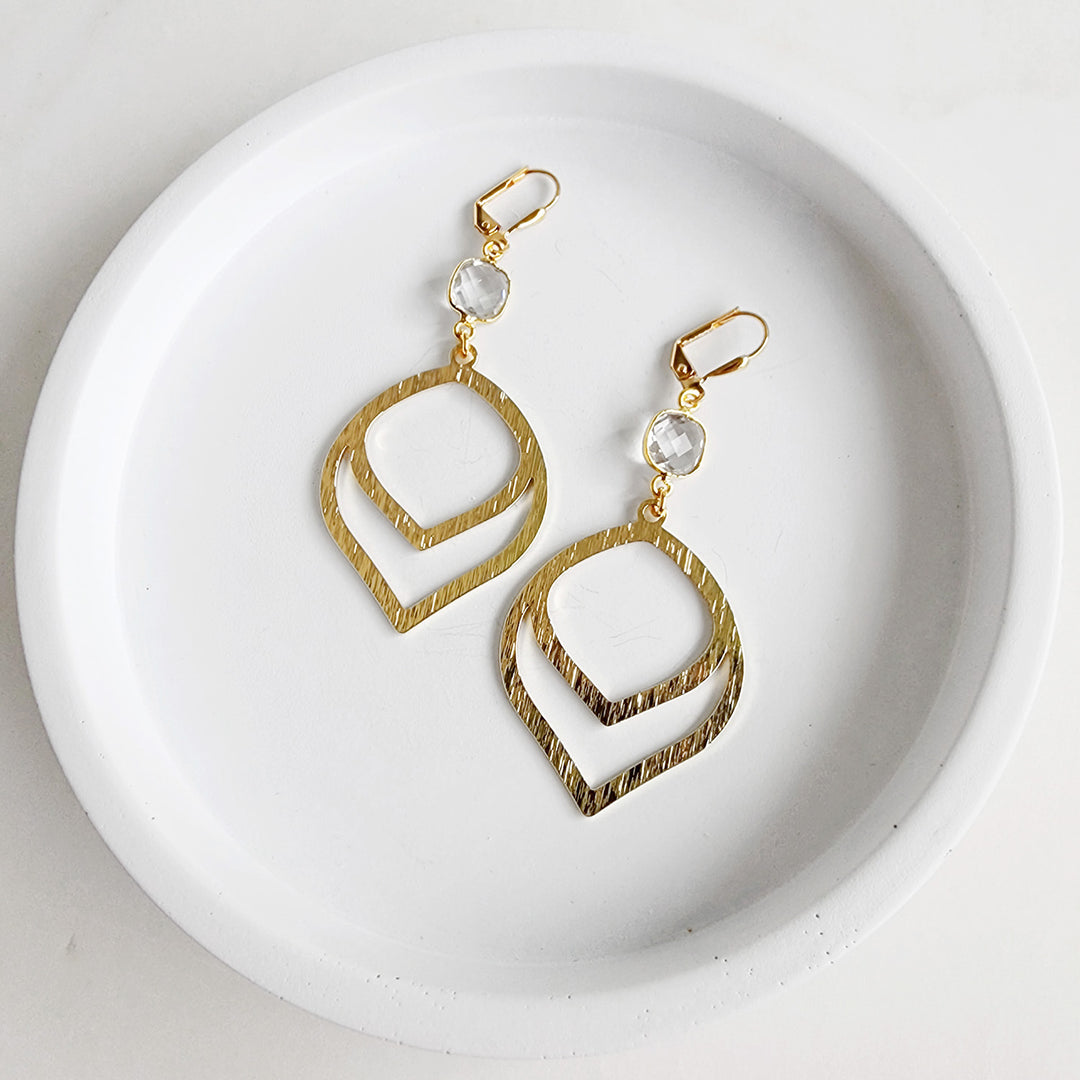 Double Teardrop Dangle Earrings with Clear Stone in Brushed Brass Gold