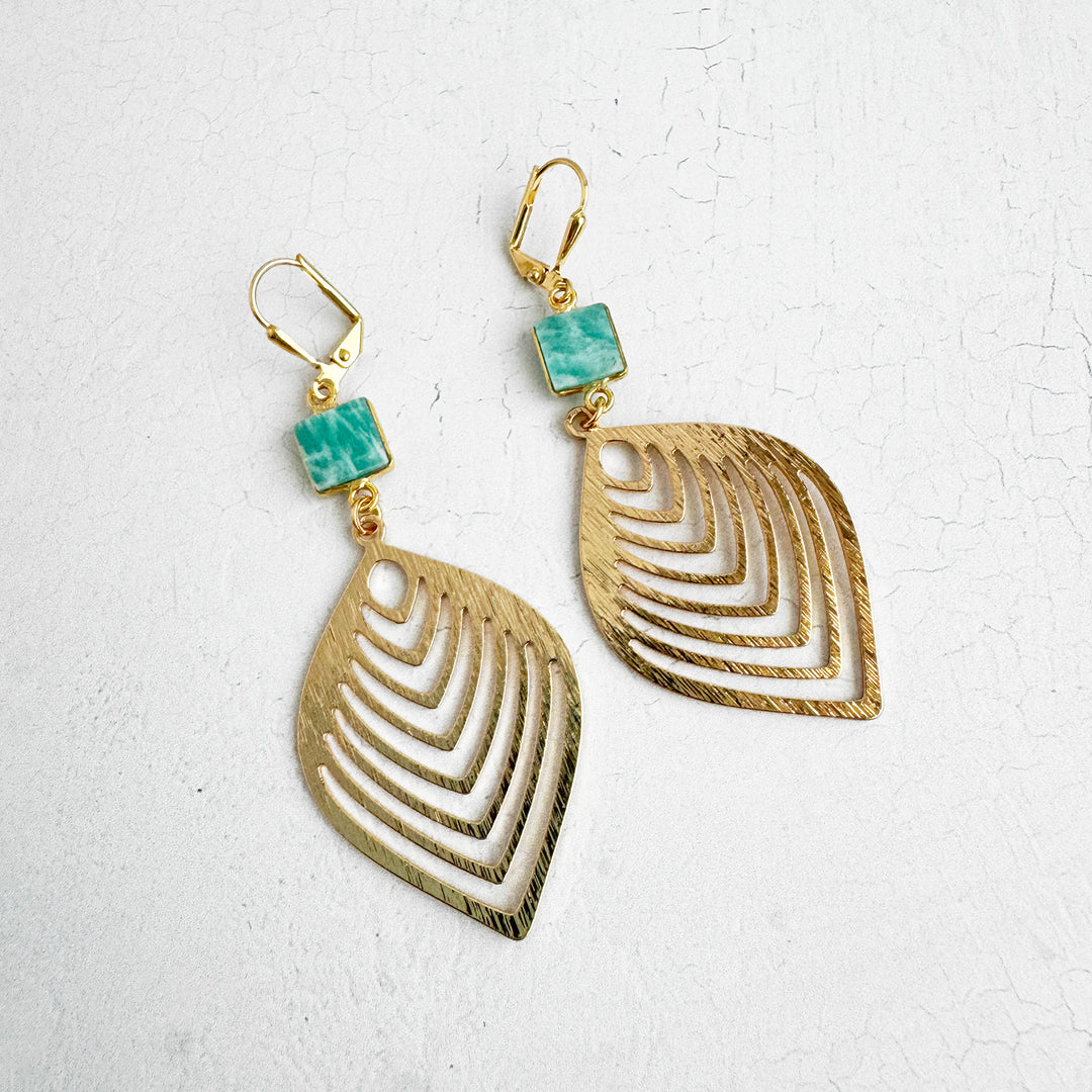 Amazonite Marquise Leaf Earrings in Brushed Gold