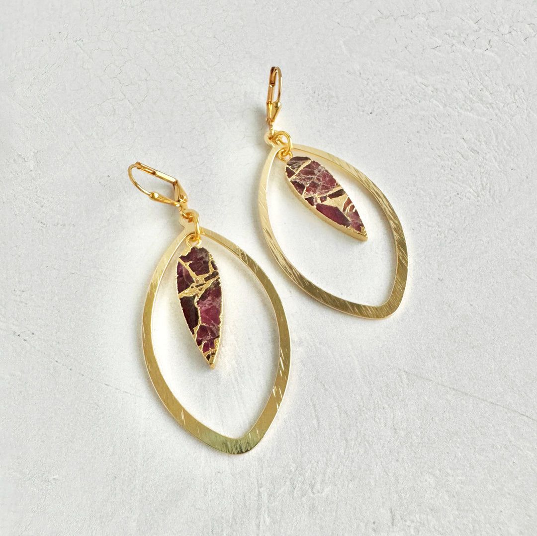 Fuchsia Mojave Marquise Dangle Earrings in Brushed Gold