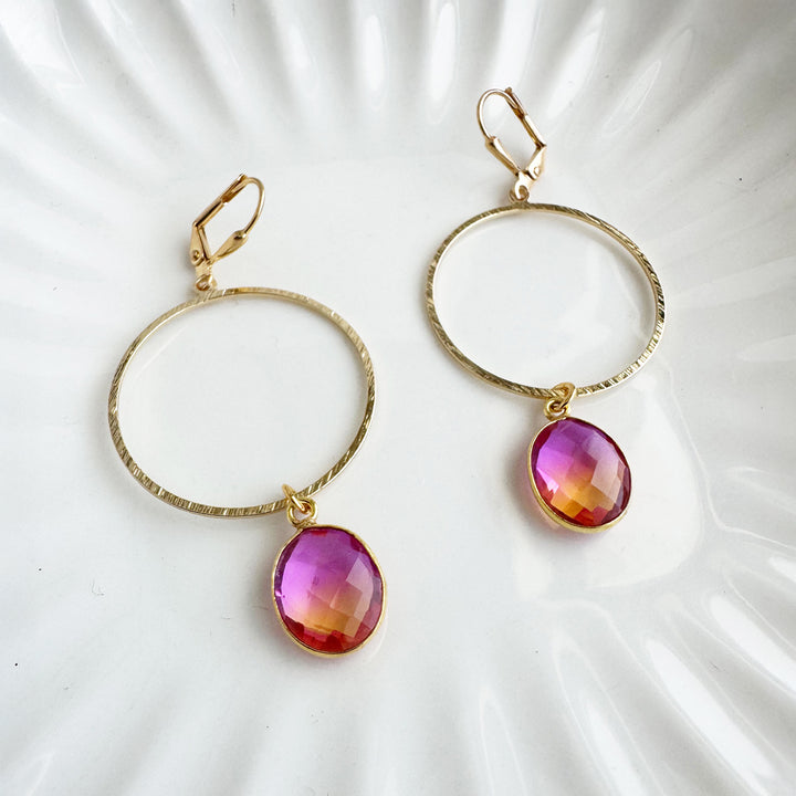 Pink Orange Aura Quartz Hoop Dangle Earrings in Gold