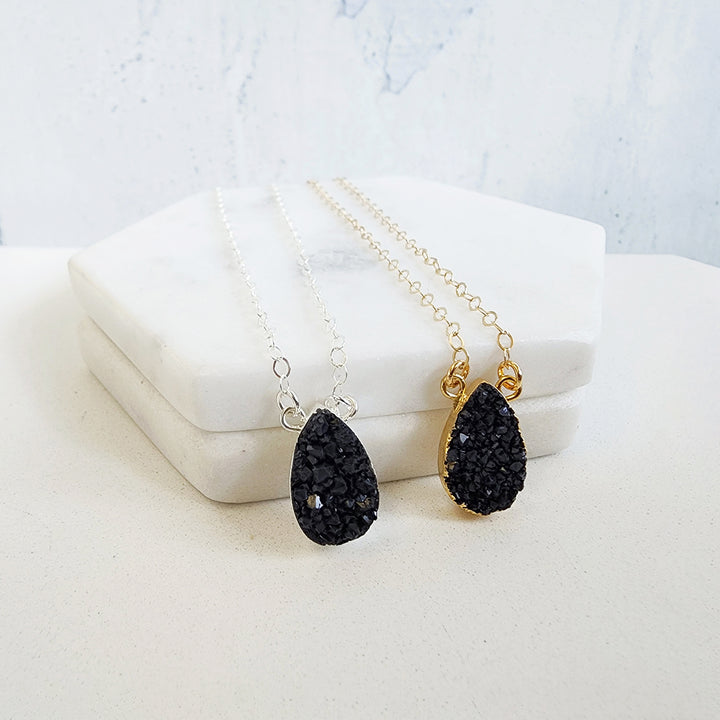 Black Druzy Teardrop Necklace in Gold and Silver