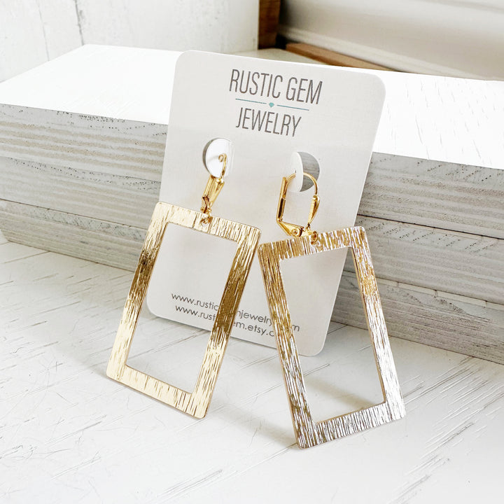 Rectangle Statement Earrings in Brushed Brass Gold