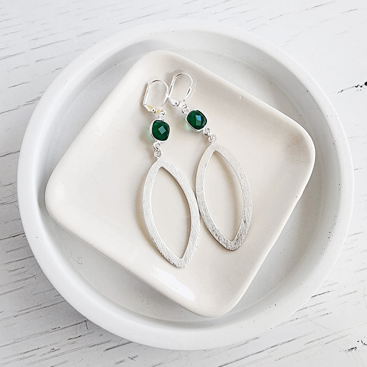 Green Stone Marquise Statement Earrings in Brushed Silver