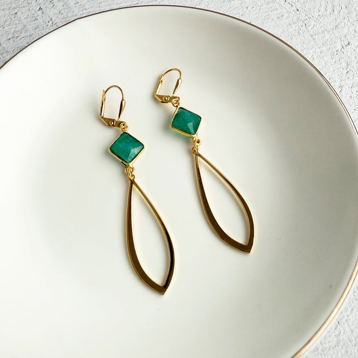 Raw Emerald and Open Marquise Earrings in Brushed Gold