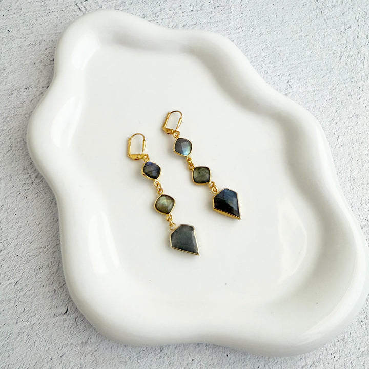 Long Labradorite Shield Gemstone Drop Earrings in Gold