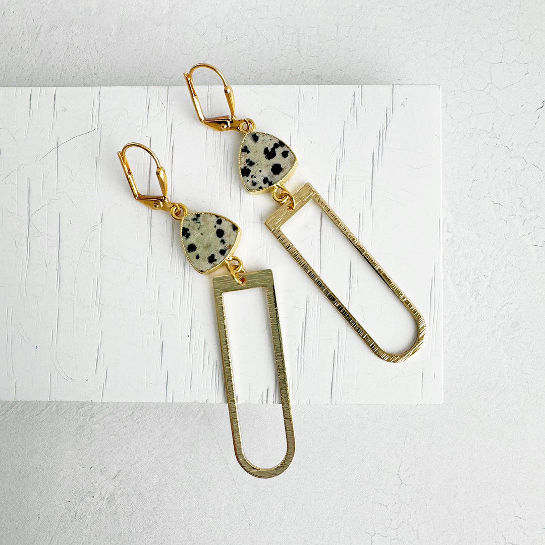 Dalmation Jasper Horseshoe Dangle Earrings in Brushed Gold