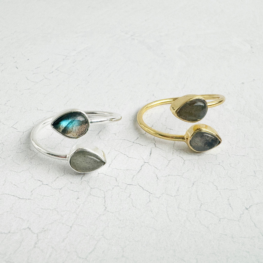 Labradorite Double Stone Wrap Ring in Gold and Silver