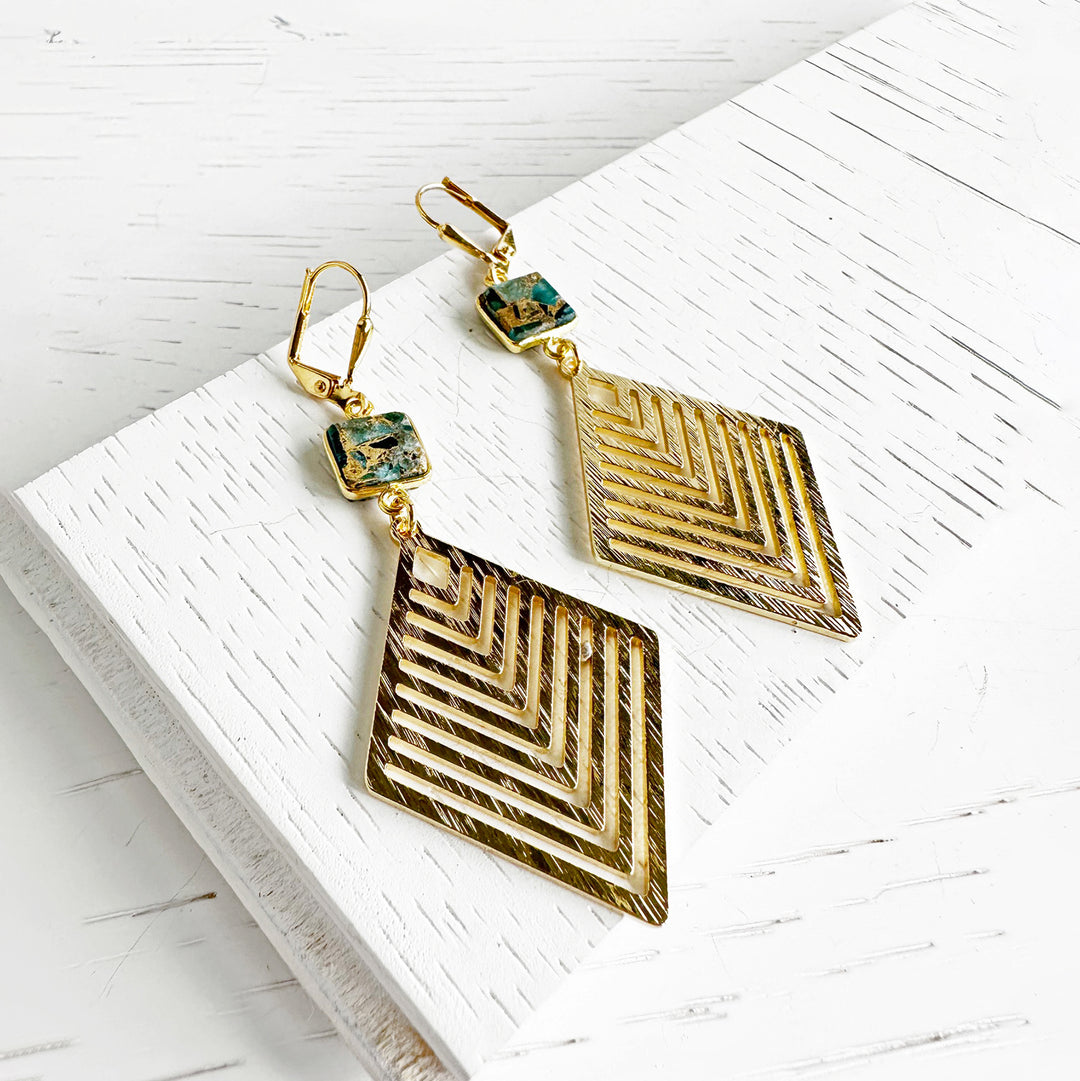 Teal Mojave Statement Earrings with Patterned Diamond Pendants in Brushed Gold