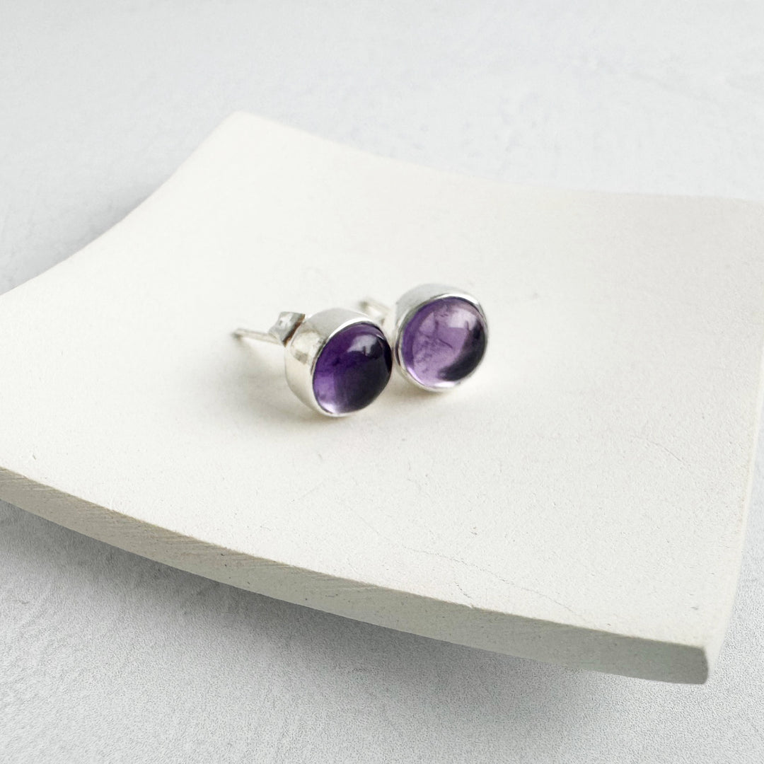 Amethyst Circle Stud Earrings in Gold and Silver