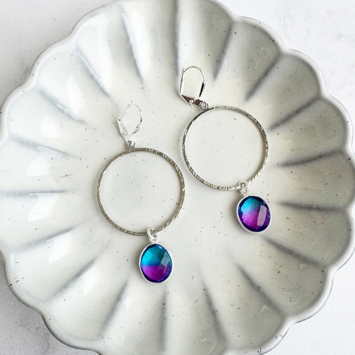 Blue Purple Aura Quartz Hoop Dangle Earrings in Silver