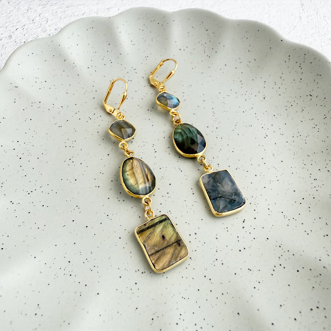 Long Freeform Labradorite Gemstone Drop Earrings in Gold