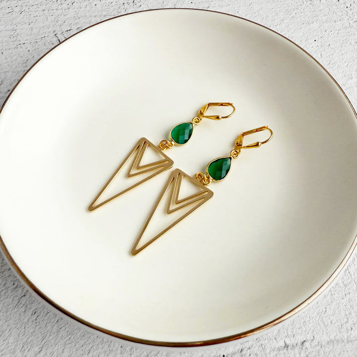 Green Quartz and Layered Triangle Statement Earrings in Gold