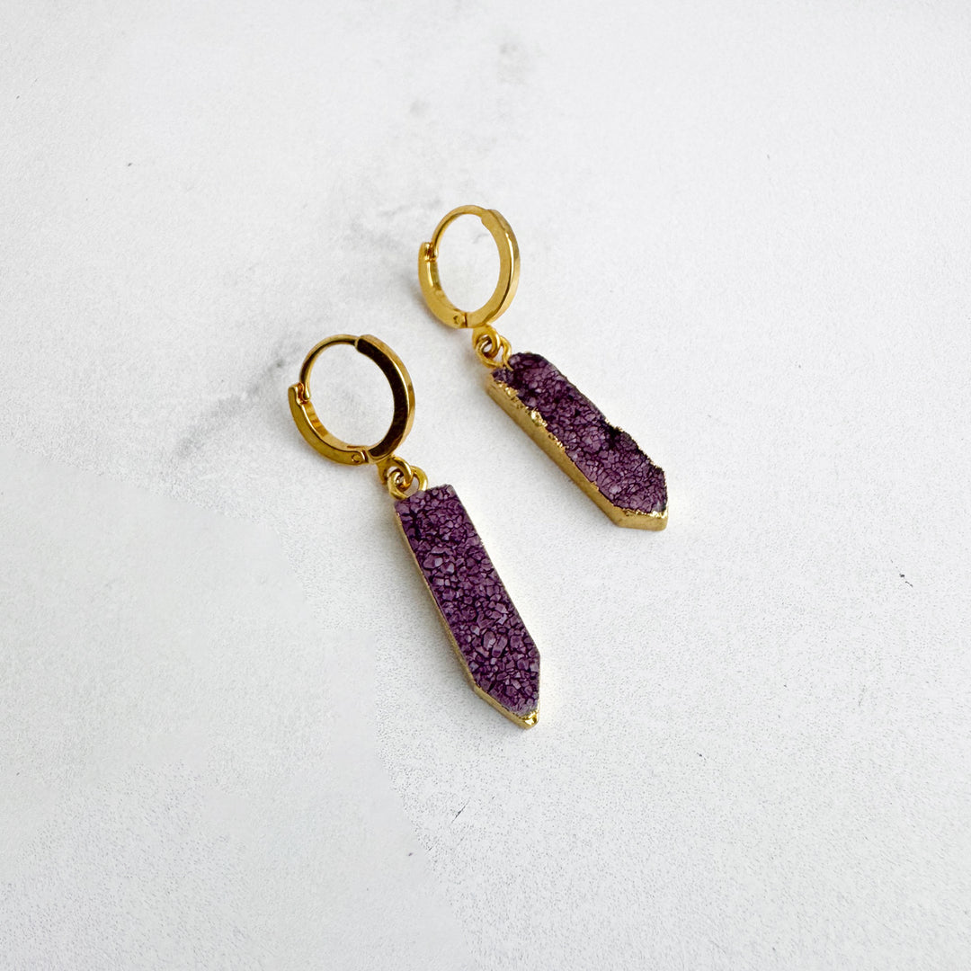 Purple Druzy Point Huggie Earrings in Gold