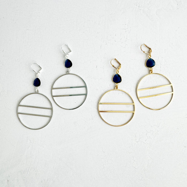 Geometric Hoops with Blue Lolite Stones in Gold and Silver