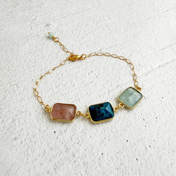 Triple Jewel Bracelet in Gold with Strawberry Quartz, Aquamarine and Ruby Zoisite