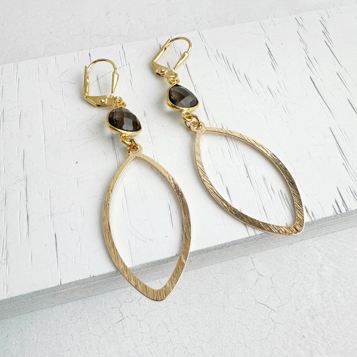 Smoky Quartz Marquise Dangle Earrings in Brushed Gold