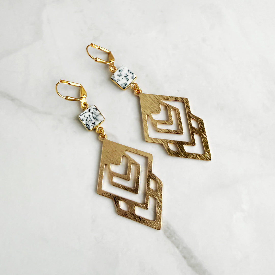Dendrite Opal Celtic Dangle Earrings in Brushed Gold