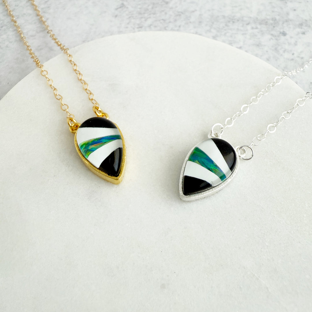 Black Quartz and Opal Inverted Teardrop Bezel Necklace