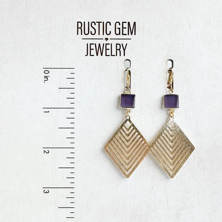 Amethyst Patterned Diamond Dangle Earrings in Brushed Gold