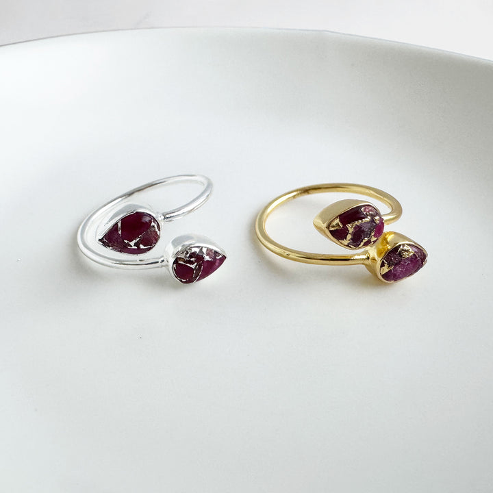 Double Teardrop Stone Wrap Ring in Ruby Mojave