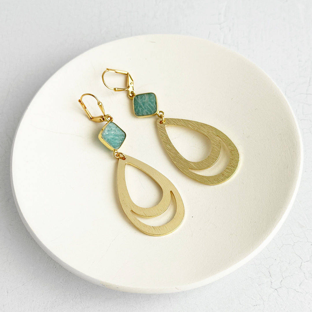 Amazonite Double Teardrop Earrings in Brushed Gold