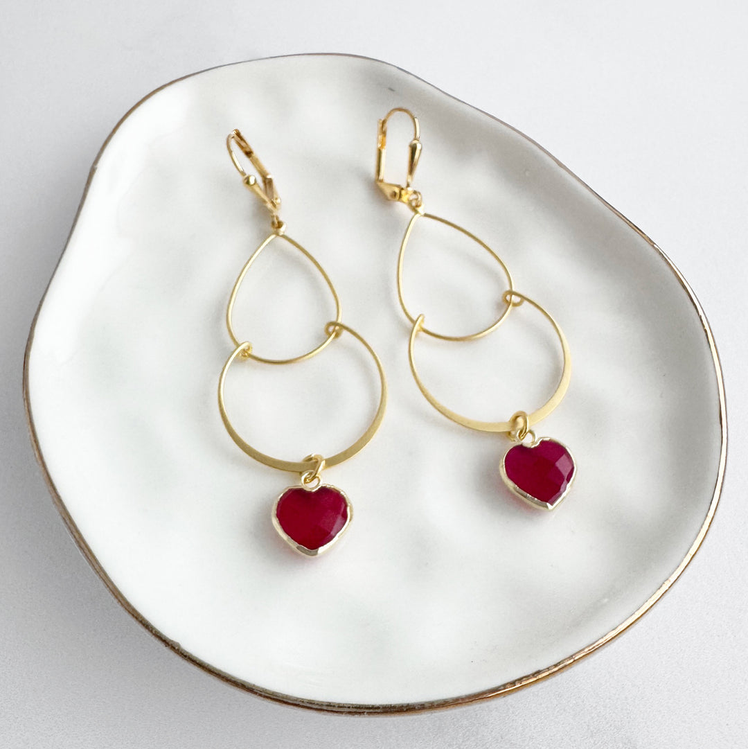 Fuchsia Chalcedony Heart Double Drop Earrings in Brushed Gold