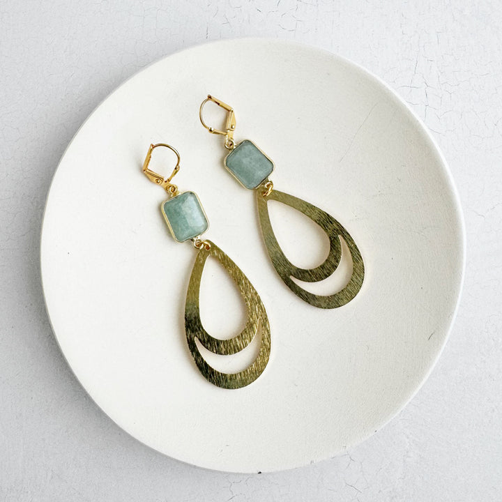 Aquamarine Double Teardrop Earrings in Brushed Gold