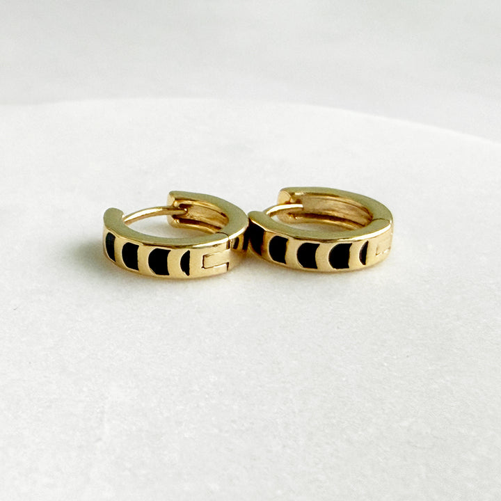Phases of the Moon Black Enamel Huggies in Gold