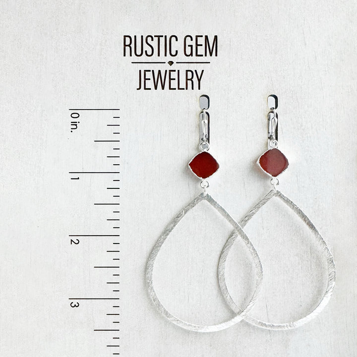 Large Carnelian Teardrop Earrings in Brushed Silver