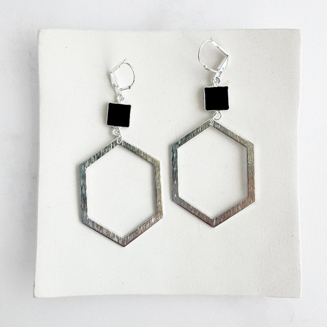 Black Onyx Hexagon Earrings in Brushed Silver