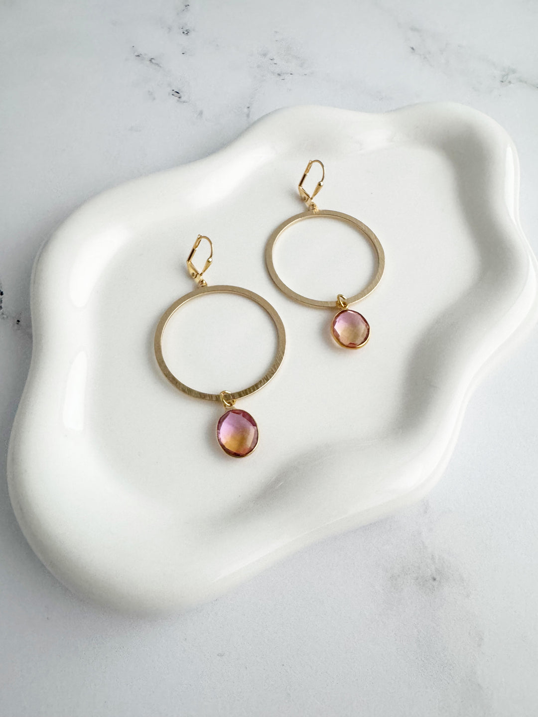 Pink Peach Aura Quartz Hoop Earrings in Brushed Gold