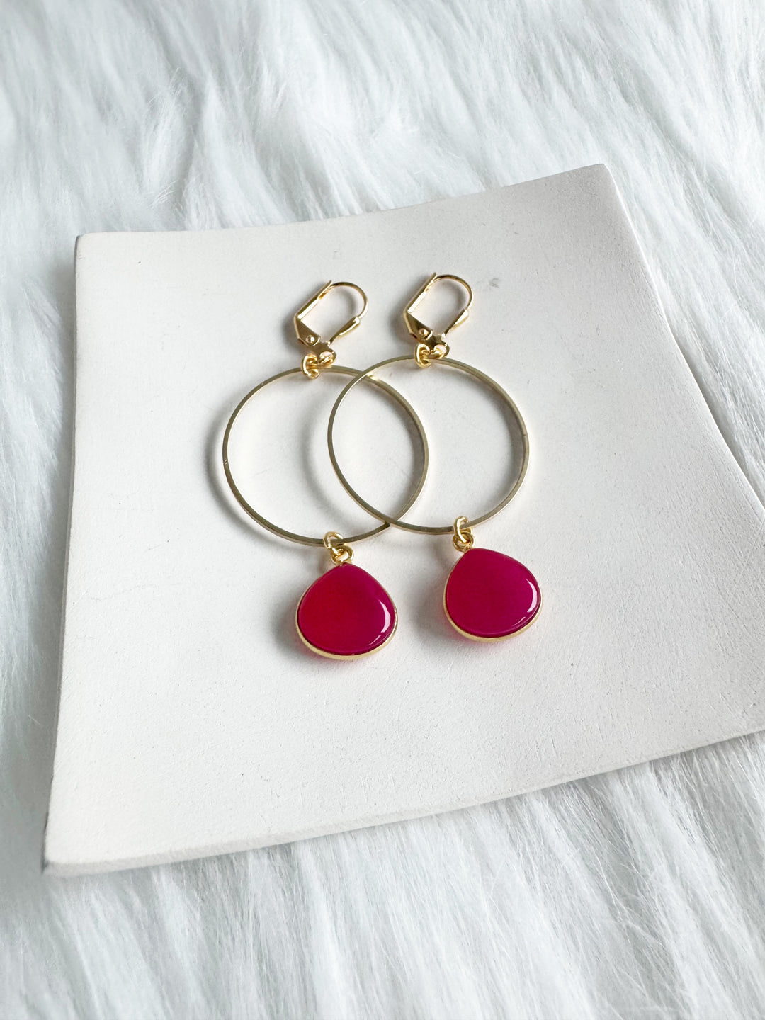 Fuchsia Chalcedony Teardrop Hoops in Gold