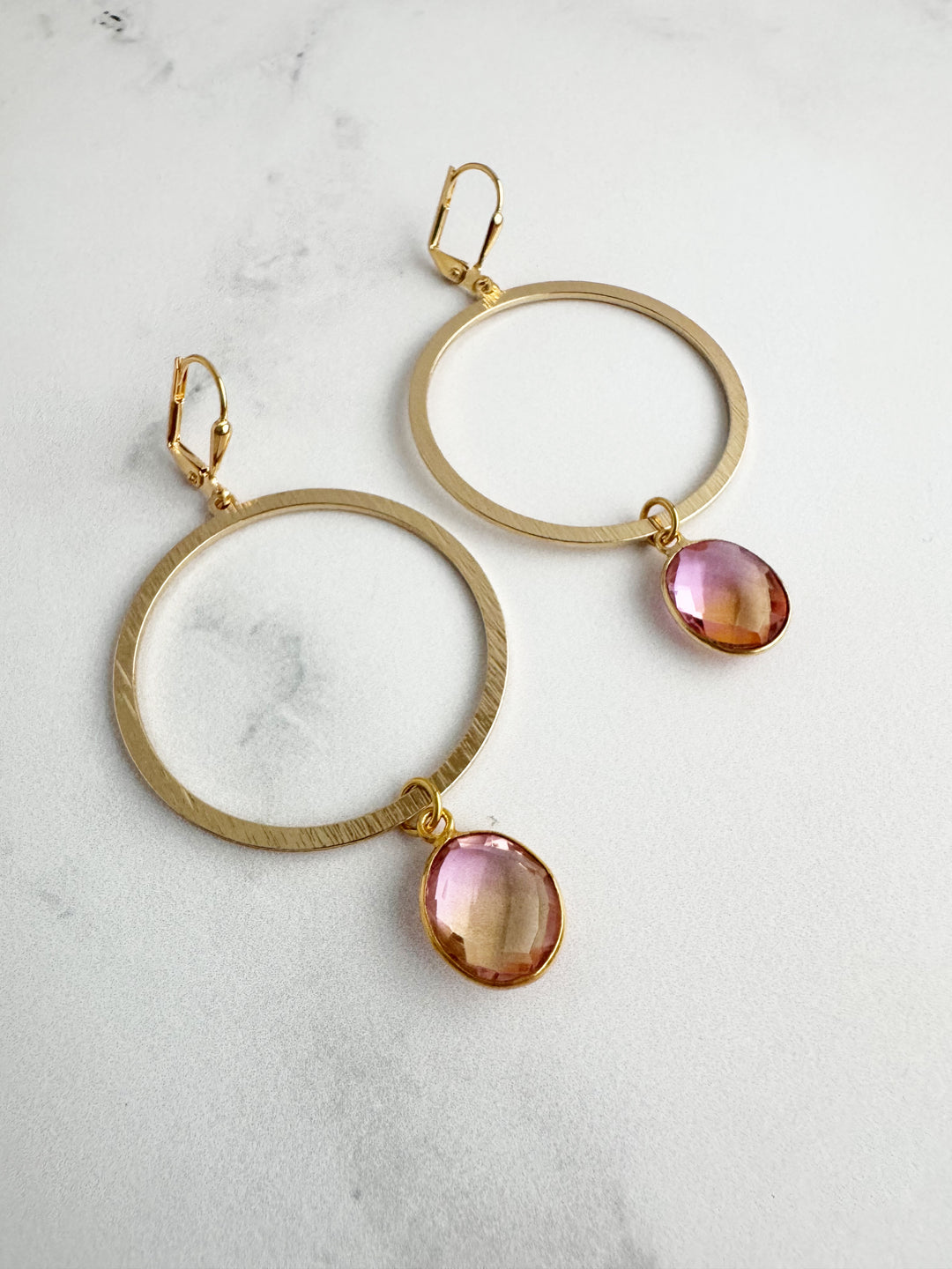 Pink Peach Aura Quartz Hoop Earrings in Brushed Gold