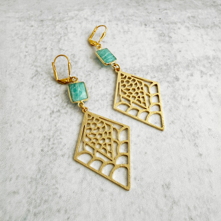 Amazonite and Webbed Diamond Earrings in Brushed Gold