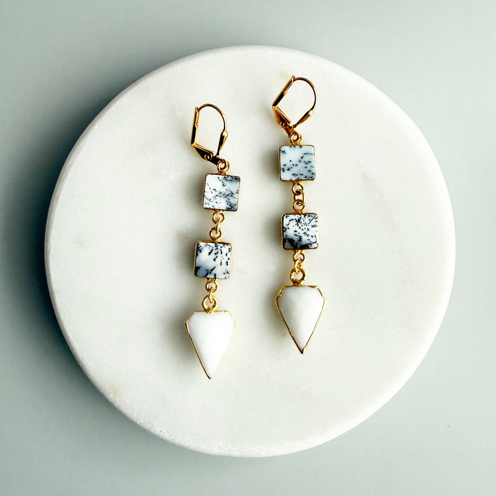 White Agate & Dendrite Opal Gemstone Drop Earrings in Gold