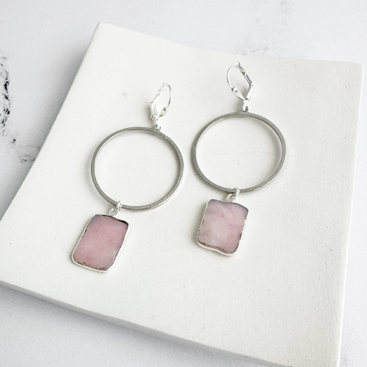 Freeform Pink Opal Hoop Dangle Earrings in Brushed Silver