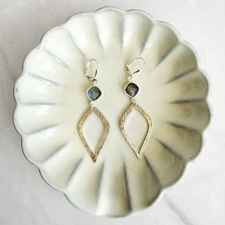 Labradorite Halo Drop Dangle Earrings in Brushed Silver